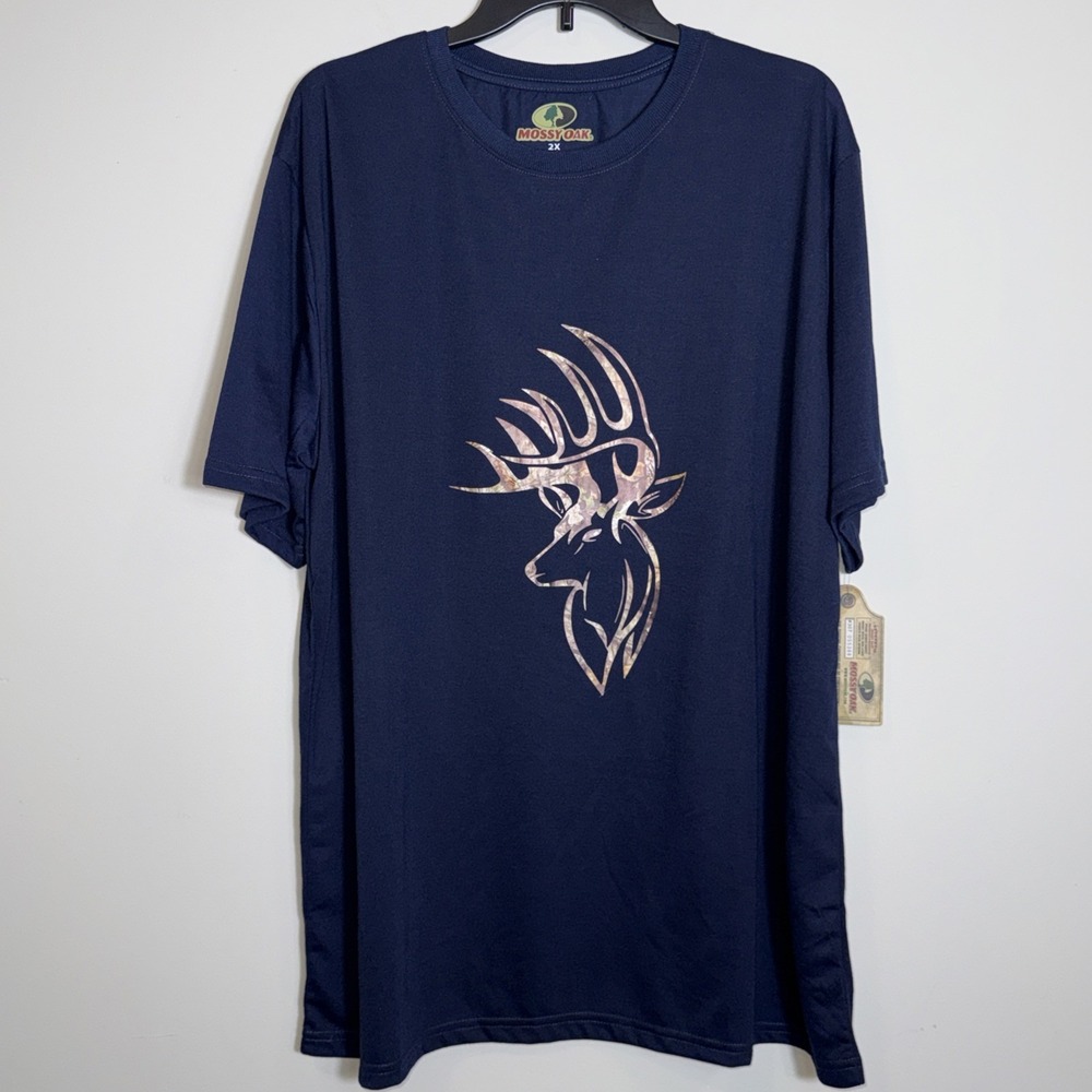 NEW Mossy Oak Hunting BIG BUCK Camo Men's Size 2X Short Sleeve Tee‎ T-Shirt Blue